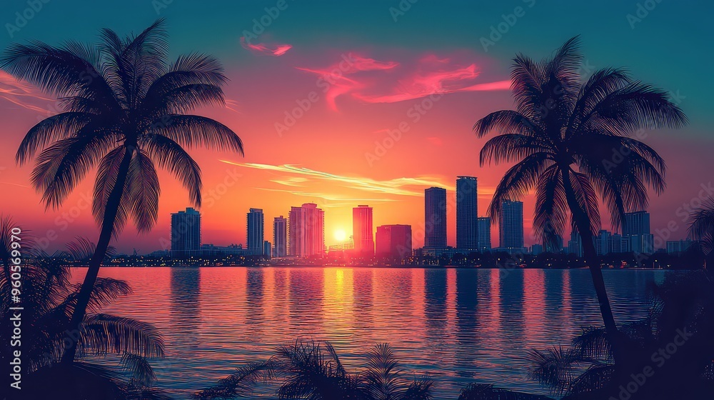Obraz premium tropical city skyline at sunset, with palm trees framing the glowing pink and orange sky, evoking warmth and the allure of a vibrant coastal destination.