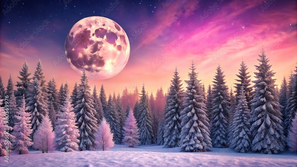 forest, winter wonderland, beauty, ethereal, enchanting,winter, tranquility, landscape, atmospheric, serene, A close up of a winter forest beneath a full moon on a pink night sky forest, winter wonderland, beauty, ethereal, enchanting,winter, tranquility, landscape, atmospheric, serene, A close up of a winter forest beneath a full moon on a pink night sky