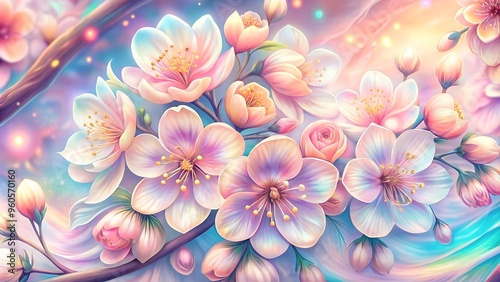 Ethereal cherry blossoms in magical pastel dreamscape