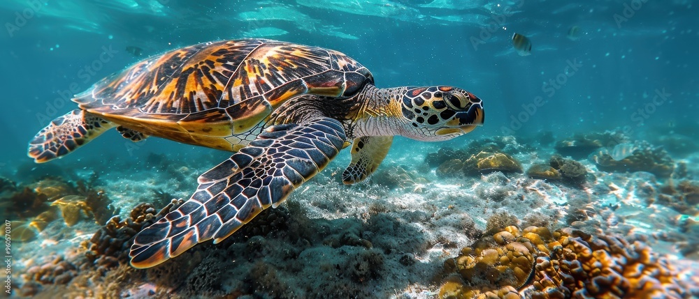 Fototapeta premium Graceful Sea Turtle Gliding Amidst Colorful Seabed Wonders