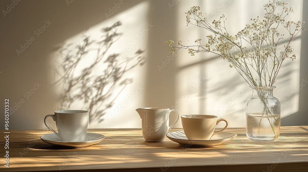 Fototapeta premium Sunlight filters through a window onto a cozy table set with tea cups and dried flowers, evoking a warm, peaceful morning atmosphere.