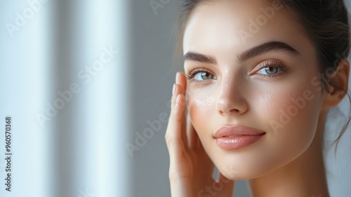 Chic White woman applying rejuvenating face serum with sophisticated soft gray backdrop