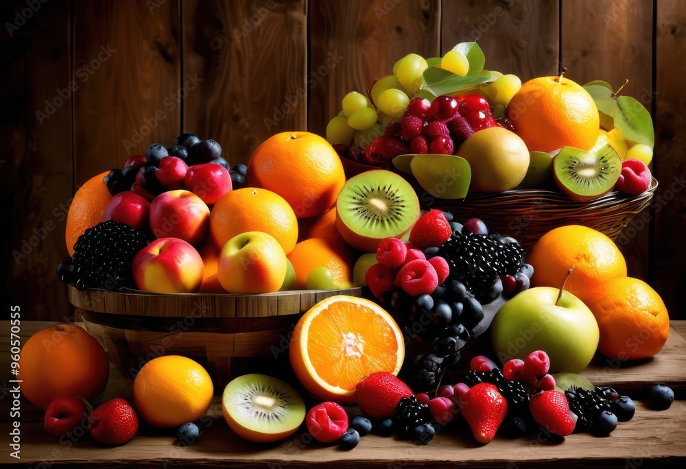colorful vibrant fruit arrangements displayed rustic natural wooden backgrounds fresh inviting look, decor, tropical, organic, healthy, slices, berries colorful vibrant fruit arrangements displayed rustic natural wooden backgrounds fresh inviting look, decor, tropical, organic, healthy, slices, berries