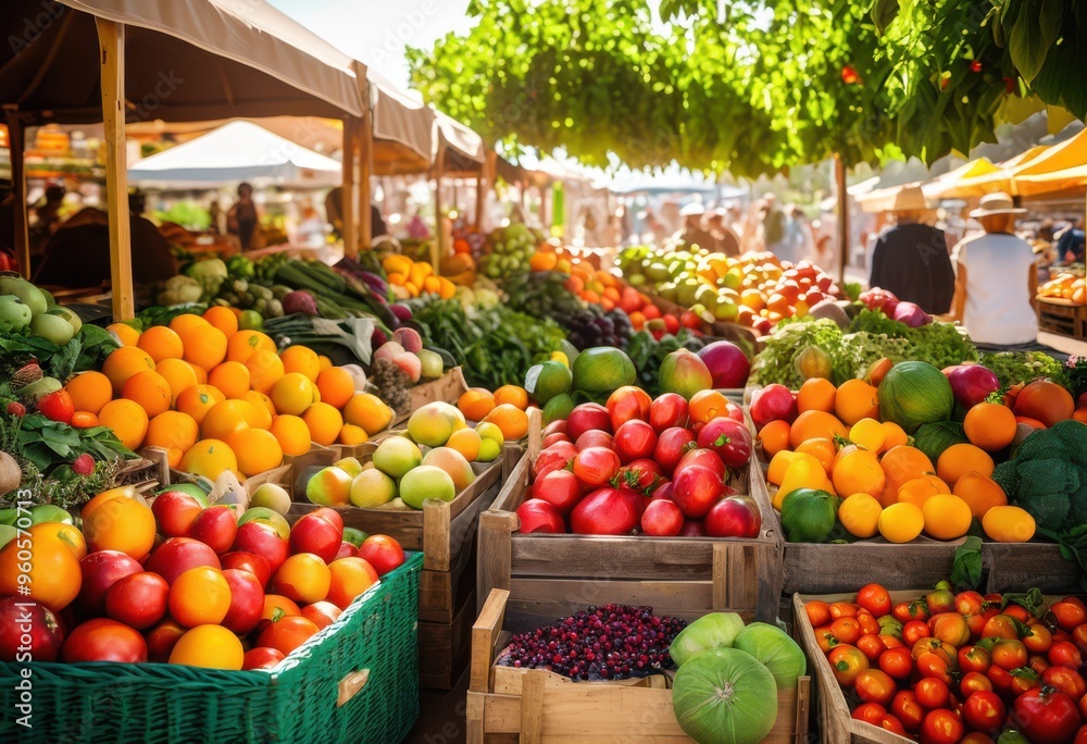 vibrant fresh regional fruits vegetables displayed eco friendly market setting lush greenery natural light, artisanal, aroma, arrangement, baskets vibrant fresh regional fruits vegetables displayed eco friendly market setting lush greenery natural light, artisanal, aroma, arrangement, baskets