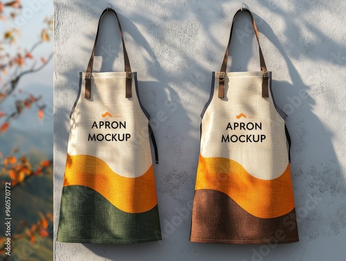 Two Apron Mockups Hanging on a White Wall with a Blurred Fall Foliage Background