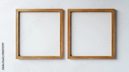 Two Empty Wood Frames on White Wall Minimalist Composition for Mockup Design