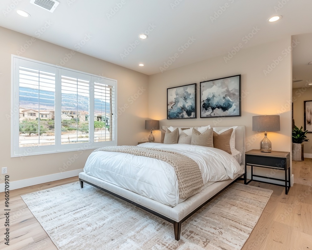 Fototapeta premium Modern Bedroom with White Bed Abstract Art and Mountain View Through Blinds