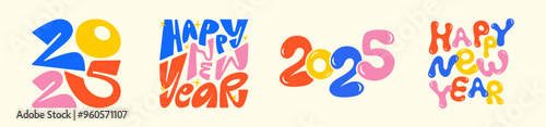 Happy New Year 2025 shapeshifting graffiti lettering set, colorful typographic compositions. Bold cartoon blobs bubble letters and numbers inscribed in a square shape. Modern trendy hand drawn fonts.