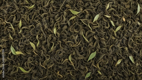 top view of dry green tea with texture as background