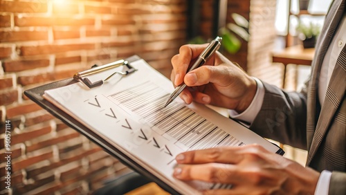 Checklist completed, task done on time, project finished, approval concept, businessman ticks off checklist on clipboard against white background.
