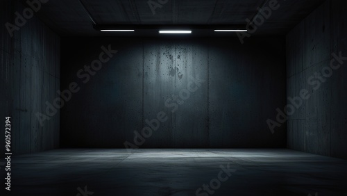 Free Photo Empty Dark white Studio Background and black Floor Concrete perspective with blue soft light well editing Floor Display product and text present on Wall Room