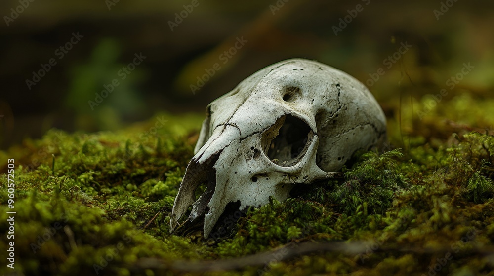 Animal skull resting on moss, natural decay, soft lighting, peaceful setting Animal skull resting on moss, natural decay, soft lighting, peaceful setting