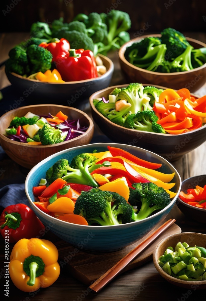 vibrant bowls filled colorful stir fried vegetables showcasing variety fresh ingredients eye catching presentation, mix, healthy, carrot, bell, pepper