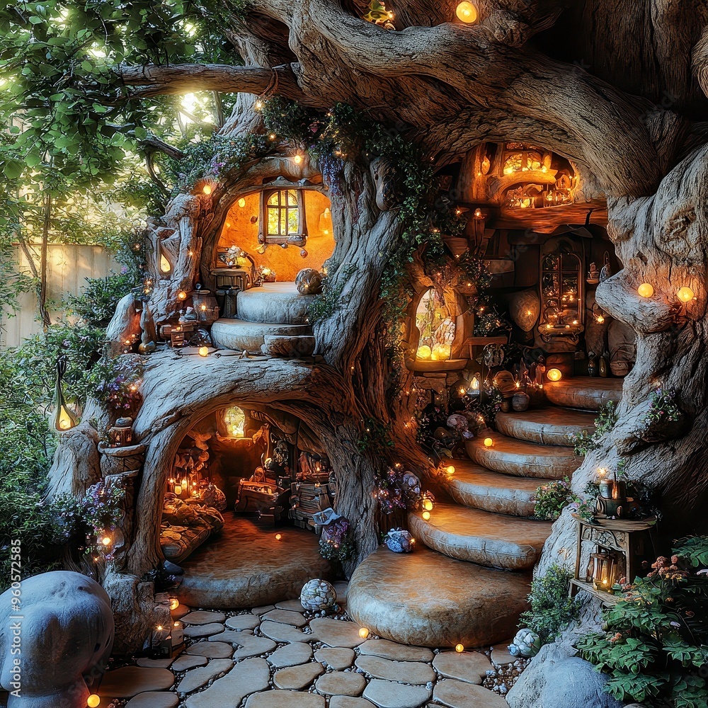Fototapeta premium Enchanted Hideaway: Whimsical Treehouse with Glowing Orbs and Magical Objects