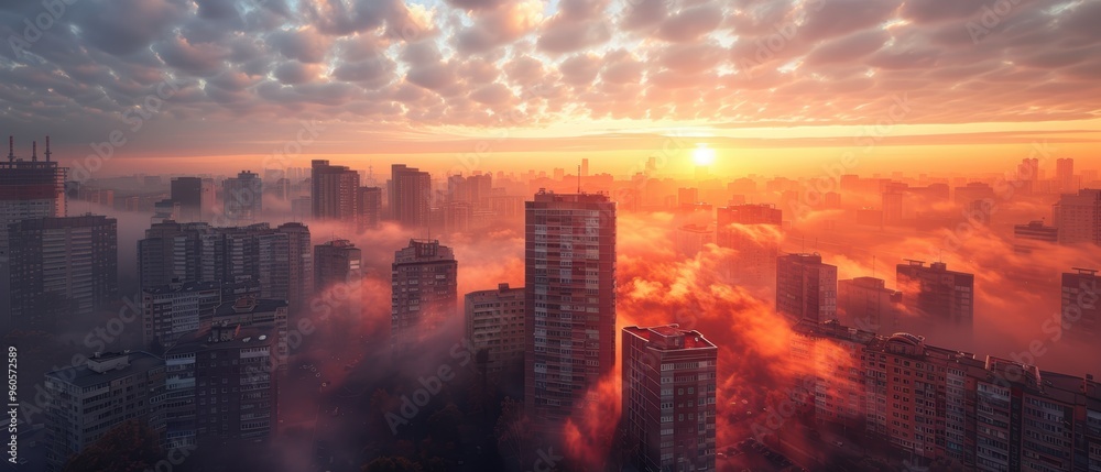 Fototapeta premium Serene Cityscape: Dawn's Foggy Embrace