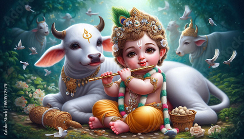 Cartoon illustration style cute baby god Krishna sitting with cow and playing  flute 