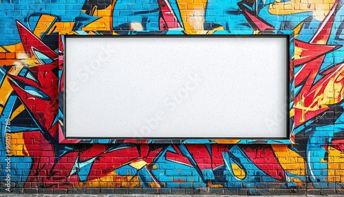 Blank Billboard on a Brick Wall Covered in Colorful Graffiti photo