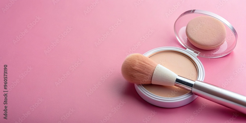 Mineral compact powder make up brush and sponge isolated on a pink background framing, makeup, beauty products, sponge, studio lights, beauty, hygiene, skin care, makeup routine Mineral compact powder make up brush and sponge isolated on a pink background framing, makeup, beauty products, sponge, studio lights, beauty, hygiene, skin care, makeup routine