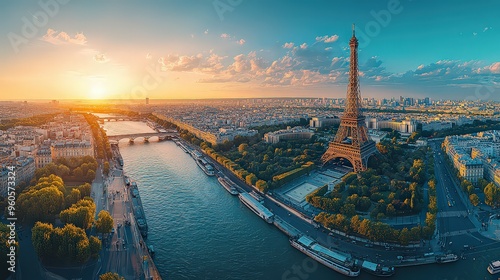  Aerial view of Eiffel Tower at sunset, overlooking Seine River, capturing iconic Parisian beauty and urban elegance.