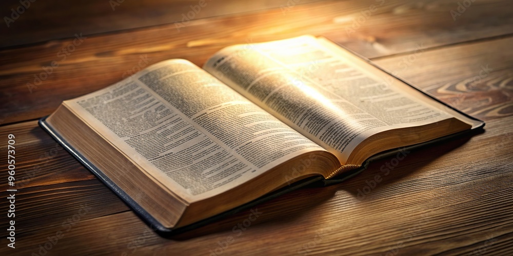 Obraz premium Page of Revelation in the Holy Bible open to the first chapter captured from a high angle perspective, scripture, faith, religious text, end of the world, word of God, Holy Bible