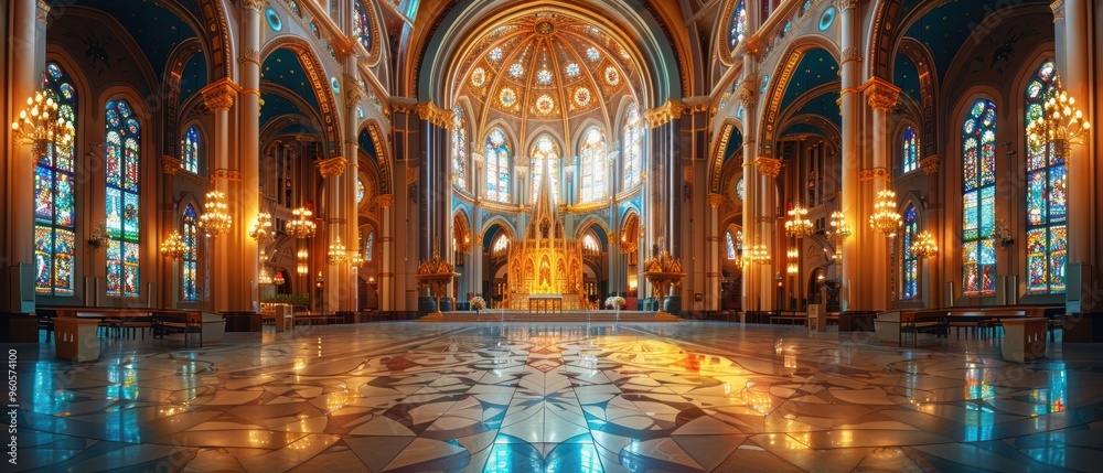Obraz premium Majestic Cathedral with Intricate Architecture and Stained Glass Windows