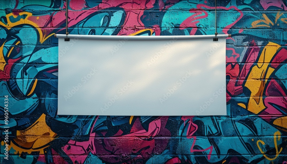 Obraz premium Blank Canvas Hanging on a Colorful Graffiti Brick Wall