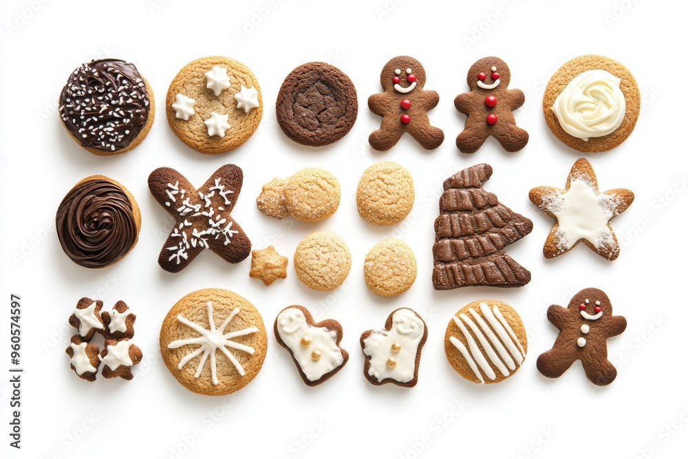 a variety of christmas cookies, including sugar cookies, gingerbread men, and snickerdoodles, arranged artfully on a white background a variety of christmas cookies, including sugar cookies, gingerbread men, and snickerdoodles, arranged artfully on a white background