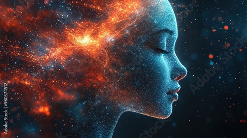 Wallpaper Mural  Surreal profile of woman's face with galaxy-like energy flowing through her hair, symbolizing imagination, cosmic connection, and inner peace. Vibrant, ethereal artwork. Torontodigital.ca