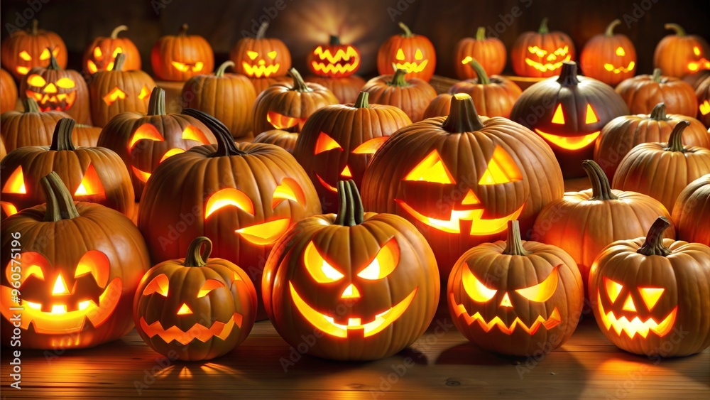 Fototapeta premium Glowing Carved Pumpkins in a Spooky Pumpkin Patch