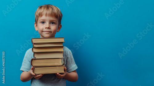 Young boy holding a stack of books against a blue background in a learning environment during the day