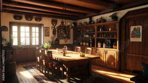 A cozy room with a large wooden dining table and chairs. There's a cupboard with shelves and decorations, and a space for a poster.