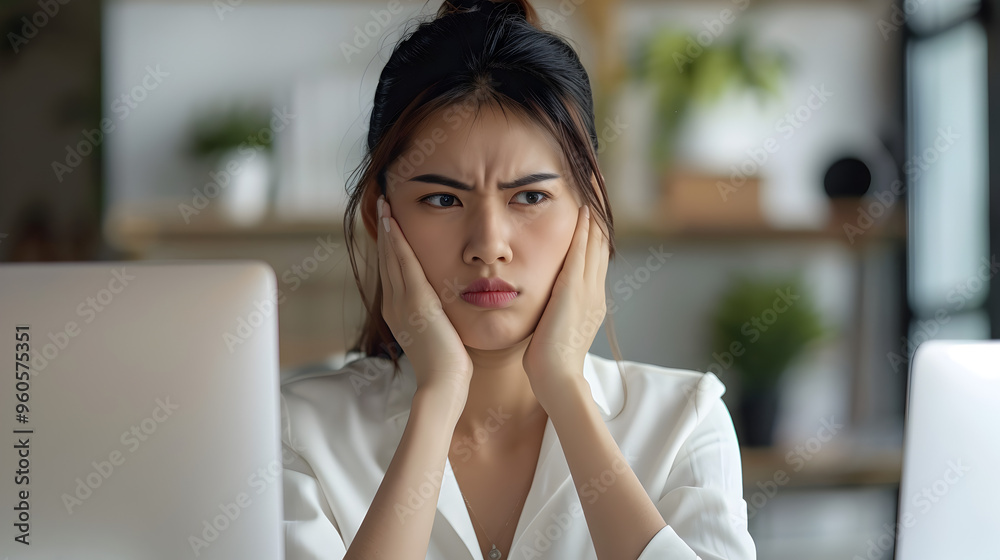 stressed asian businesswoman in white sitting in front of computer, holding head stressed asian businesswoman in white sitting in front of computer, holding head