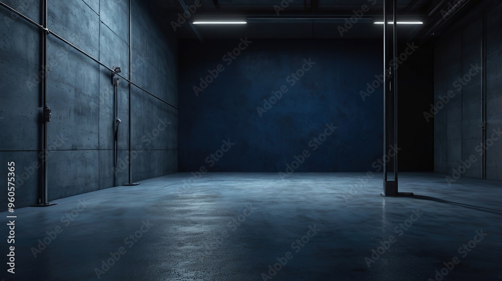 Free Photo Empty Dark white Studio Background and black Floor Concrete perspective with blue soft light well editing Floor Display product and text present on Wall Room