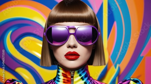 A model with a sleek, bob haircut and vibrant attire captivates the viewer against a colorful, abstract backdrop, embodying a bold fashion statement