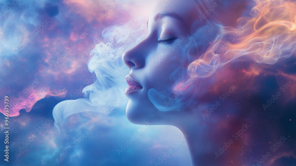 A beautiful woman's face in eyes closed, set against the background of space and galaxies , 4k , wallpaper A beautiful woman's face in eyes closed, set against the background of space and galaxies , 4k , wallpaper