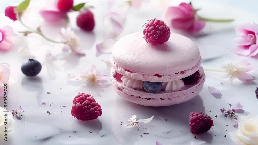 Delicious pink macaron with cream filling, decorated with blueberries and raspberries, lying on a marble table with flowers Delicious pink macaron with cream filling, decorated with blueberries and raspberries, lying on a marble table with flowers
