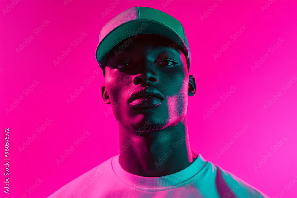 Fashion Portrait of Men in Neon Green Cap with Solid Neon Pink Background Trendsetting Lifestyle Look with Bold Appeal Fashion Portrait of Men in Neon Green Cap with Solid Neon Pink Background Trendsetting Lifestyle Look with Bold Appeal