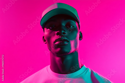 Fashion Portrait of Men in Neon Green Cap with Solid Neon Pink Background Trendsetting Lifestyle Look with Bold Appeal