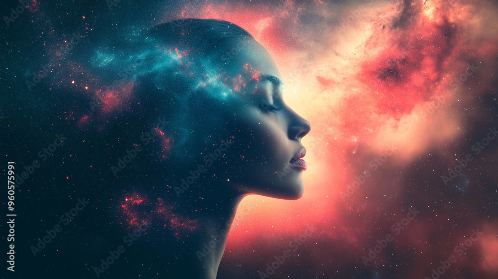 A beautiful woman's face in eyes closed, set against the background of space and galaxies , 4k , wallpaper