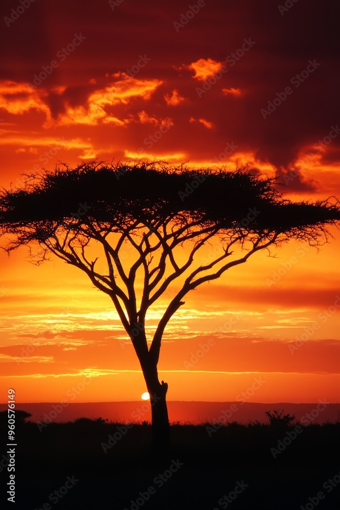 Silhouette of an acacia tree against a vibrant sunset with colorful clouds in the background Silhouette of an acacia tree against a vibrant sunset with colorful clouds in the background