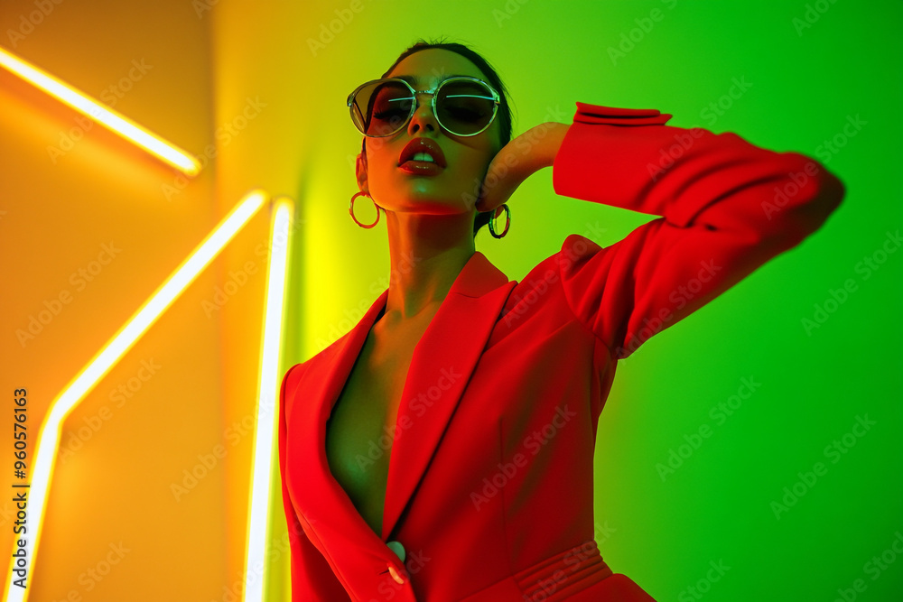 Stylish Woman in Red Suit with Solid Neon Green Background Bold Fashion Portrait with Trendsetting Flair