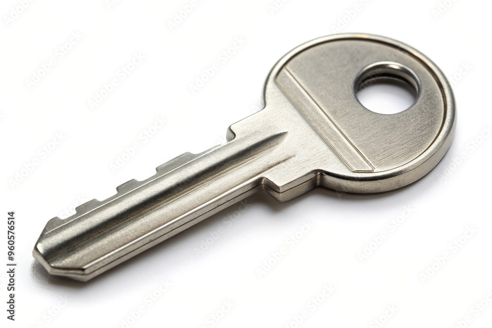 One key isolated on a white background with a clipping path tilted at an angle, object, symbol, cutout, lock, shiny, clipping path,key, concept, solution, tilted, metal, isolated