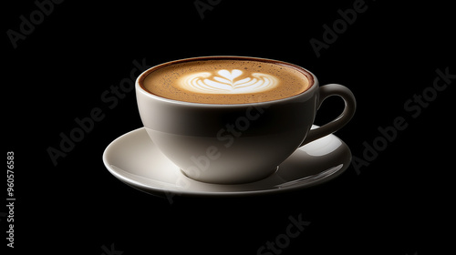 A cup of cappuccino set in a white plate against black background.