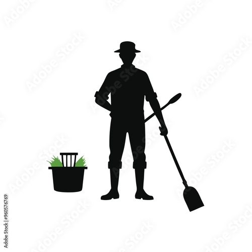 a man gardener holding a bucket and rake standing looking at the garden. vector illustration silhouette, 