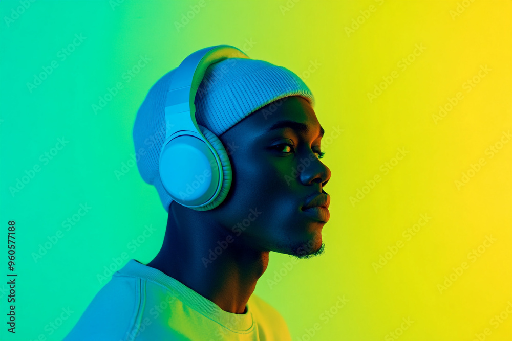 Stylish Men in Neon Blue Headphones with Solid Neon Green Background Trendsetting Portrait Stylish Men in Neon Blue Headphones with Solid Neon Green Background Trendsetting Portrait