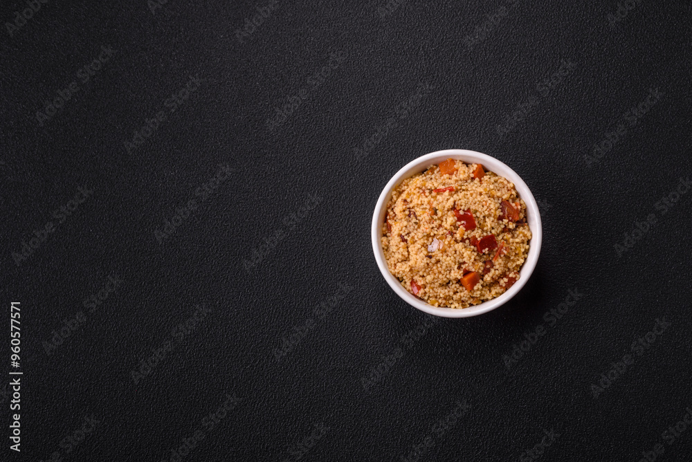 Delicious hot boiled wheat porridge couscous with vegetables Delicious hot boiled wheat porridge couscous with vegetables