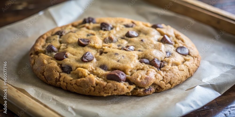 A large chocolate chip cookie fresh from the oven. A large chocolate chip cookie fresh from the oven.