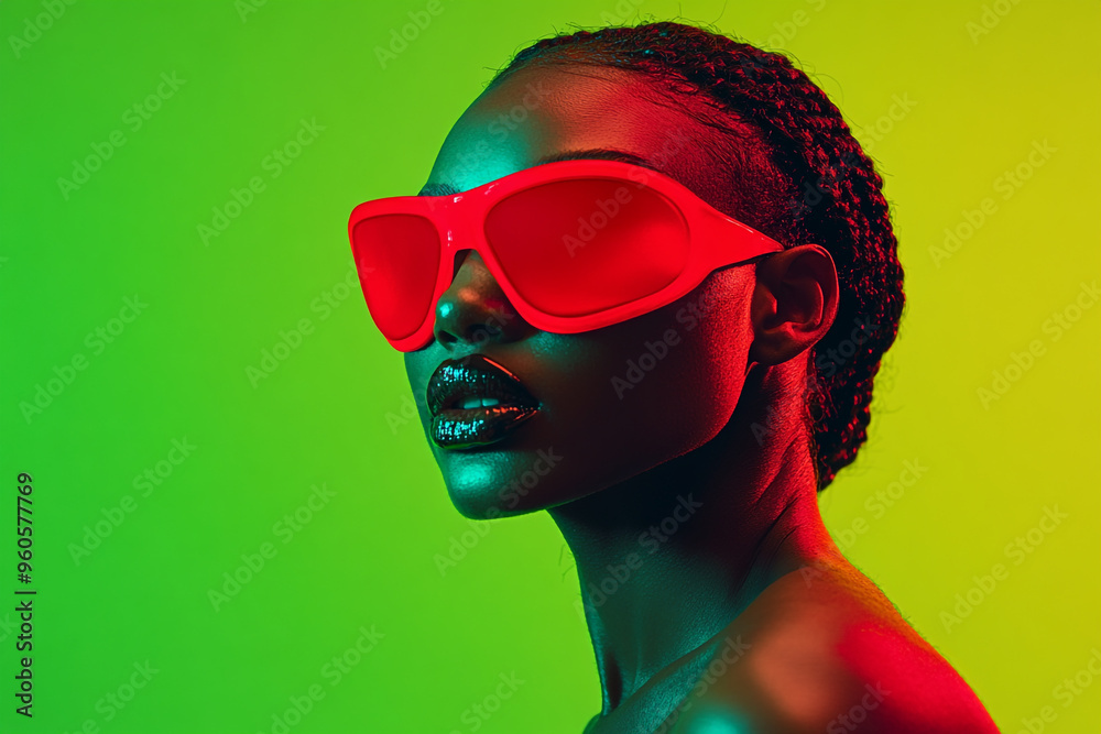 Fashionable Woman in Neon Red Face Mask with Solid Neon Green Background Bold Lifestyle Portrait Fashionable Woman in Neon Red Face Mask with Solid Neon Green Background Bold Lifestyle Portrait