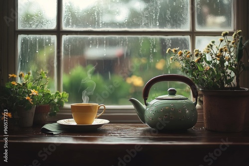 A cozy indoor scene with a teapot, cup of tea, and a soft rain falling outside the window