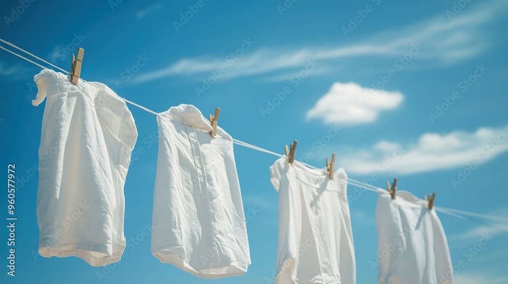 Clean clothes hanging on washing line against a blue sky background. Drying laundry. A laundry concept. Clean clothes hanging on washing line against a blue sky background. Drying laundry. A laundry concept.